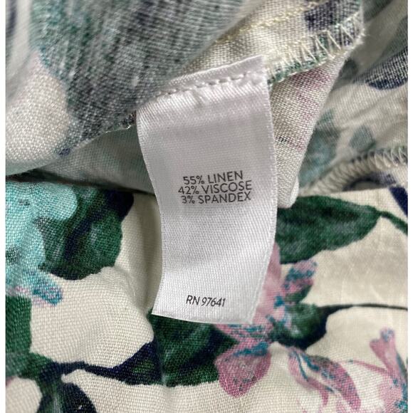 J.JILL Linen Stretch White Green Floral Side Zip Pants Size XS Petite Button Hem - Picture 6 of 9